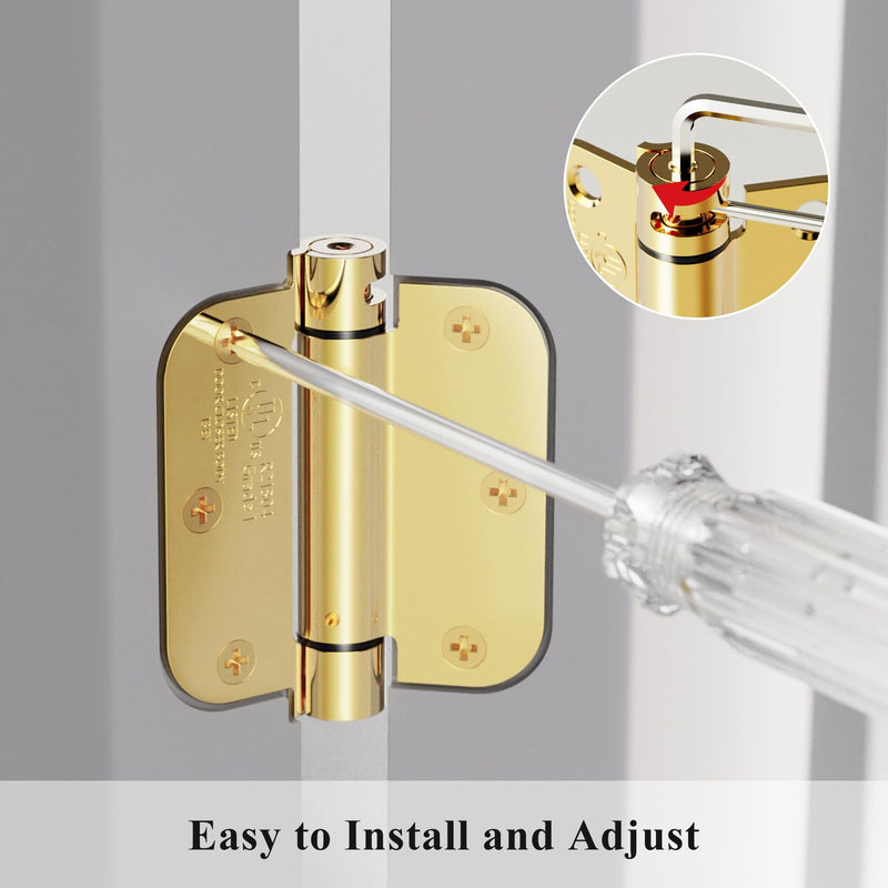 [Australia - AusPower] - Sophia Self-Closing Door Hinge 3.5 Inch Rounded 5/8 Radius Interior, Spring Loaded Hinge Adjustable Tension for Garage Residential Standard Bedroom Indoor Doors, 2 Pack, Polished Brass 