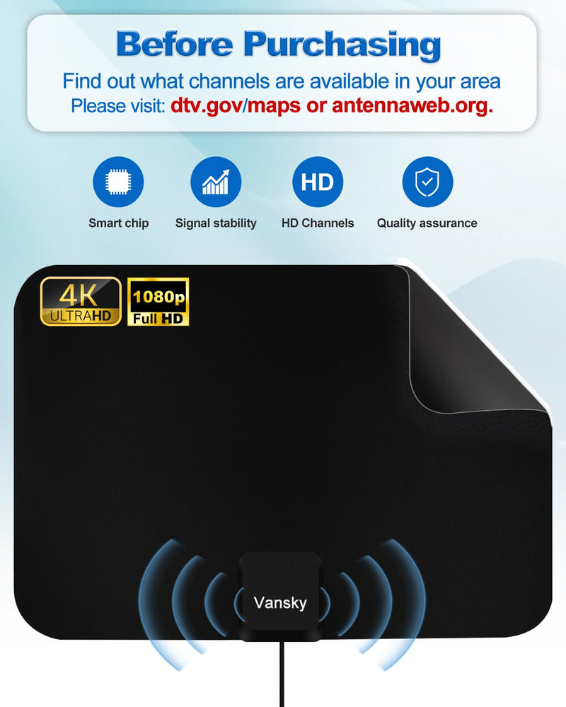 [Australia - AusPower] - TV Antenna Indoor, Digital Amplified Indoor HDTV Antenna, 1080p VHF UHF Television Local Channels Detachable Signal Amplifier and 16.5ft Long Coax Cable Black 