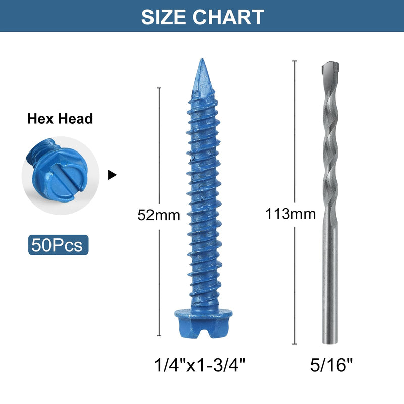 [Australia - AusPower] - 1/4 × 1-3/4 Inch 50PCS Concrete Screws, Hex Head Screws Anchor with Drill Bit, for Masonry, Block, Brick, Cement, Stacoo, Diamond Point 1/4×1-3/4 In Blue-Hex Head 