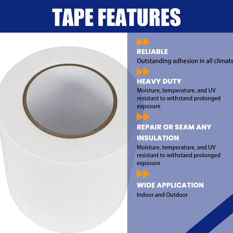 Bghdas 2 Roll, White Vapor Barrier Tape, 4" Wide x 180' Long, PE 9 mm Polyethylene Tape, for Stucco Waterproof Moisture Barriers Seal and Seam, for Crawlspaces, Insulation Repairs & Plastic Liners