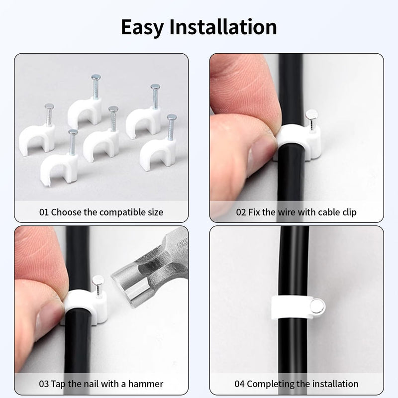 [Australia - AusPower] - LeMotech Cable Clips, 100pcs 8mm Wire Wall Clips with Steel Nails, Coaxial Nail Clamps for Cable Cord Management RG6 RG59 CAT5e CAT6 RJ45 Ethernet Cable Clamps, White Round (8mm) 100 