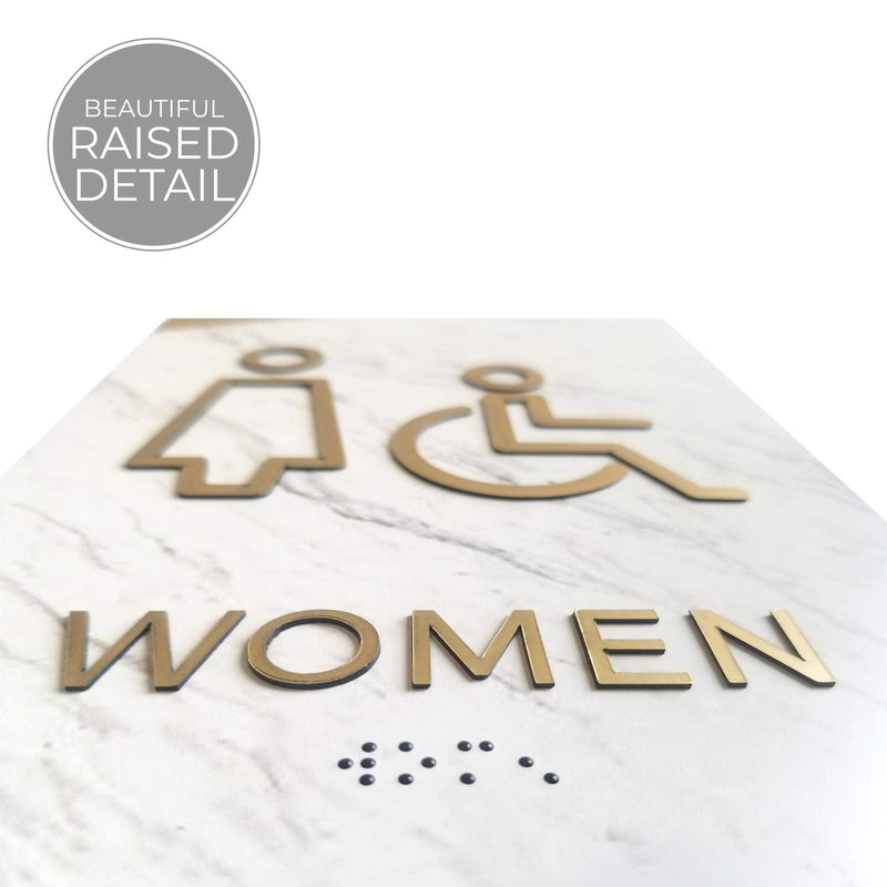 Light Marble Men And Women Restroom Sign Set/ADA Wheelchair Accessible With Braille Bathroom Signs / 6" x 9" White Marble Gold Accent Acrylic Signs Light Marble Design Wheelchair Restroom Sign Set