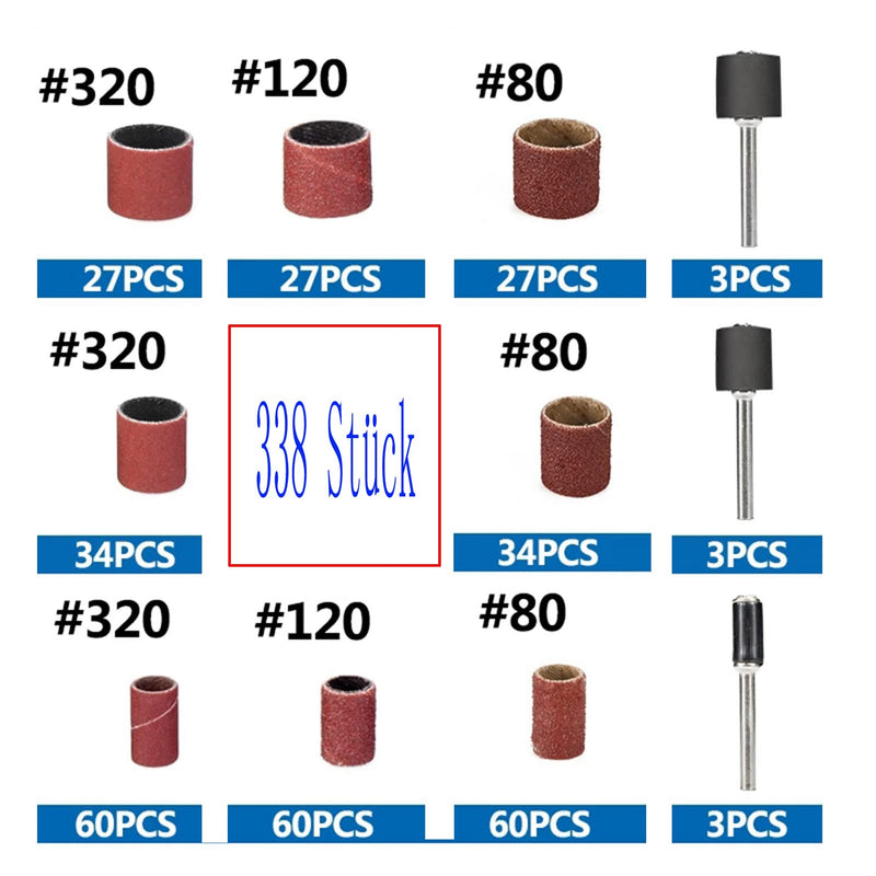 338-Piece Sanding Sleeve Set with, 80 120 320 Grit Sanding Drum Set with 1/2 3/8 1/4 Inch Sanding Mandrels for Dremel Accessory Tools