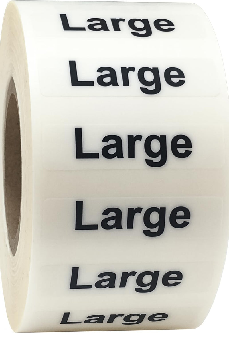Large Clothing Labels – Clear Size Strip Stickers with Black Text, 1.25 x 5 Inch Adhesive Labels, 125 Total Stickers for Retail Apparel, Clothing Organization, and Inventory – Made in The USA Large