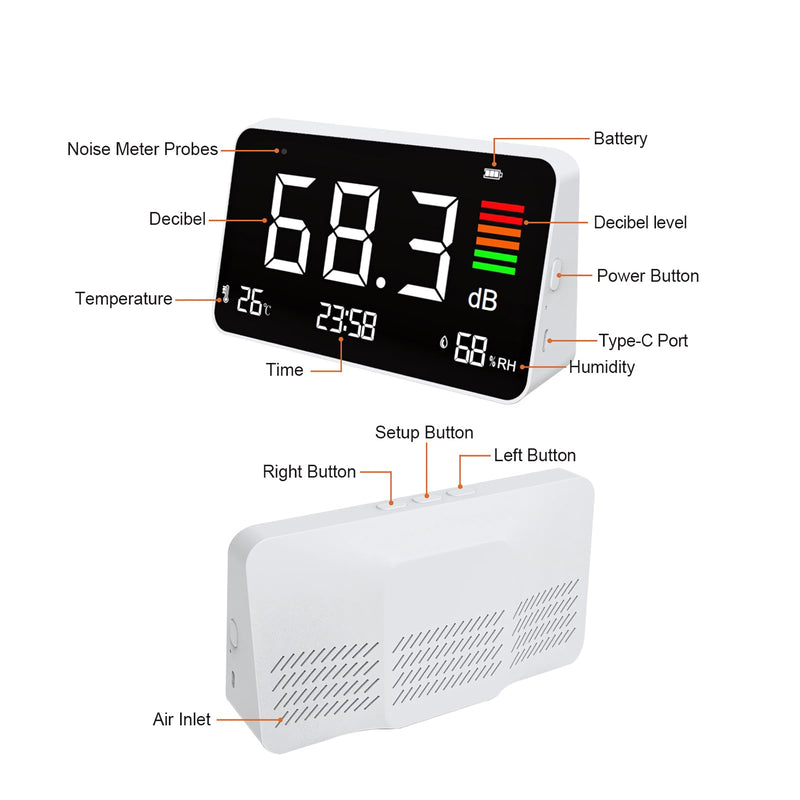 [Australia - AusPower] - 5-in-1 Decibel Meter,Digital Sound Level Meter 30-130db,8.5" LED Display Desktop Noise Time Temperature Humidity Meter for Classroom, Studio, Home, Factory 