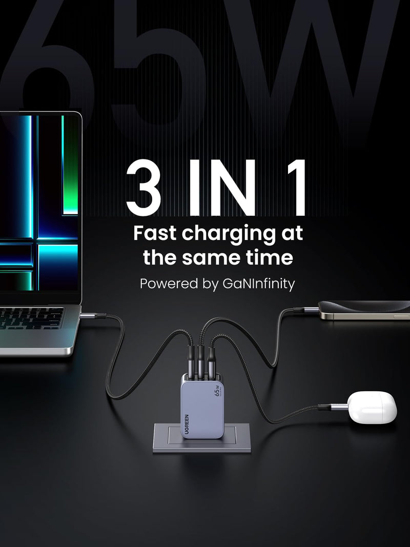 [Australia - AusPower] - UGREEN Nexode Pro 65W USB C Charger, 3-Port Mini Compact Foldable PPS GaN Fast Wall Charger Block for MacBook Pro/Air M2, Pixelbook, Dell XPS, iPhone 15 Pro/14, Galaxy S24 Ultra, Pixel 8, Steam Deck 