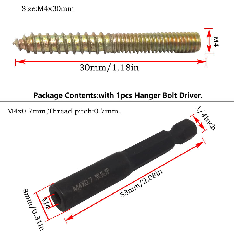 [Australia - AusPower] - 20Pcs Hanger Bolts Double Headed Bolts Kit,with (M4x0.7mm) Hanger Bolt Driver, Hanger Bolts for Wood Furniture(M4x30mm) M4x30mm 
