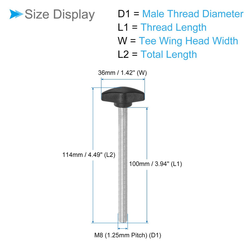 [Australia - AusPower] - Tee Wing Knobs Thumb Screw, M8 x 100mm Male Thread, Plastic T Thumb Clamping Screw Threaded Stud Hand Knobs Grip, (Applications: for Machinery Lathes), 4-Pieces 