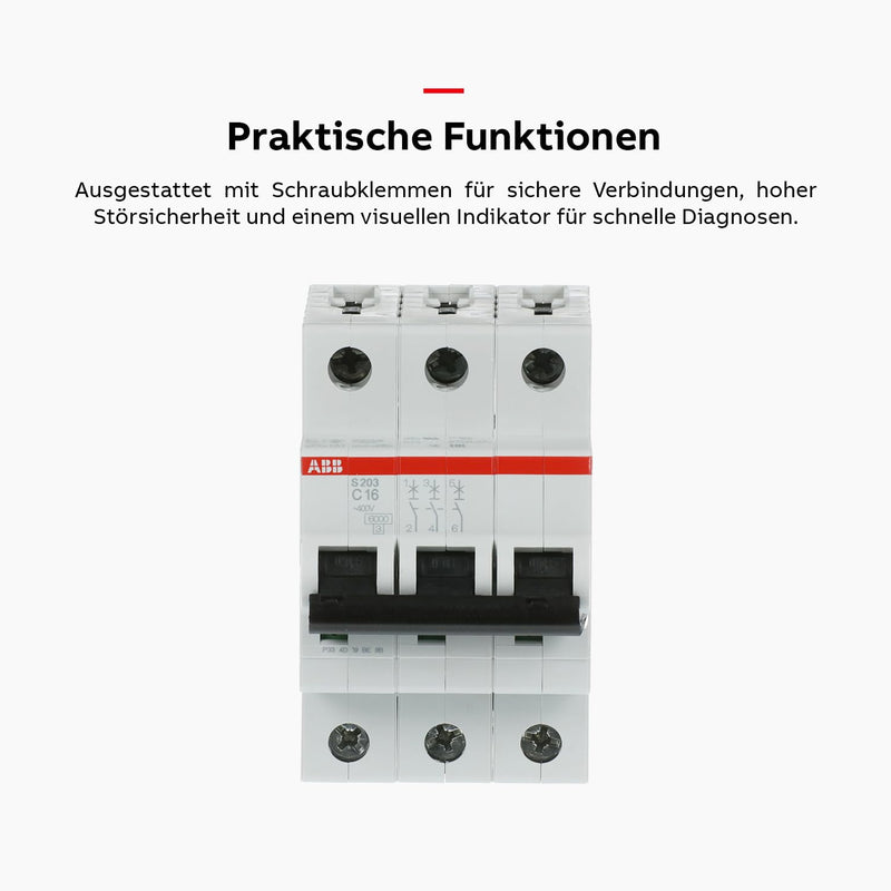 ABB S203-C16 Circuit Breaker 3-Pin 16A Type C | Characteristics C - 6 kA switching capacity - DIN rail mounting - Reliable industrial quality - 2CDS253001R0164 C16