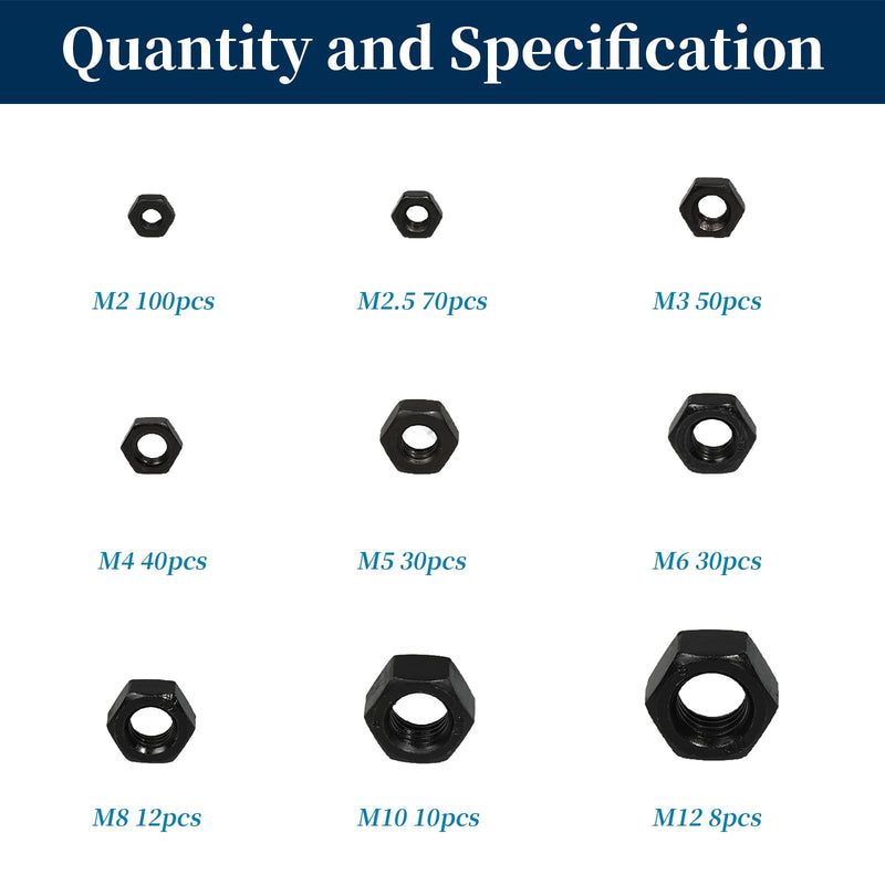 [Australia - AusPower] - 350PCS Carbon Steel Hex Nuts Assortment Kit, Metric M2-M12 Black Oxide Coated Hardware Nuts Set, Heavy-Duty Nuts for Bolts, Lock Washers & Automotive Repair Metric 350 PCS 