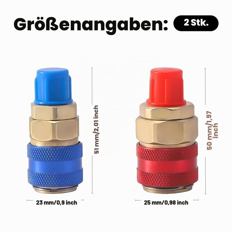 Adapter for R134A Refrigerant, 1/4 Inch AC High Pressure and Low Pressure SAE, Universal Quick Coupling Adapter Made of Robust Brass for Air Conditioning and Cooling Systems, Corrosion Resistant and