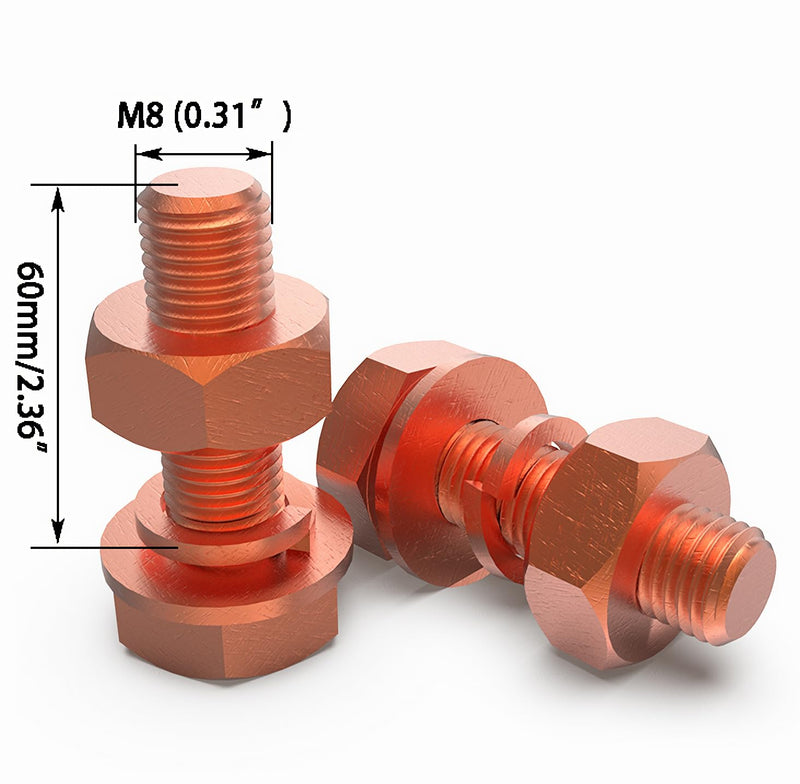 [Australia - AusPower] - 2pcs M8 X 60mm Hexagon Bolts + M8 Hex Nuts + Flat Washers + Spring Lock Washers Kit, T2 Conductive Pure Copper Hex Head Screw Bolt 
