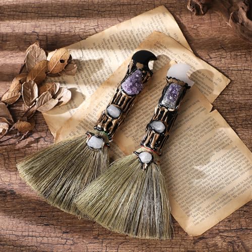 RENEMEGO Witch Crystal Altar Broom - Witchcraft Supplies Wiccan Decor Altar Supplies with Moon Black Obsidian Natural Healing Crystals Reiki Energy Emotional Regulation Wealth Attraction Crafts