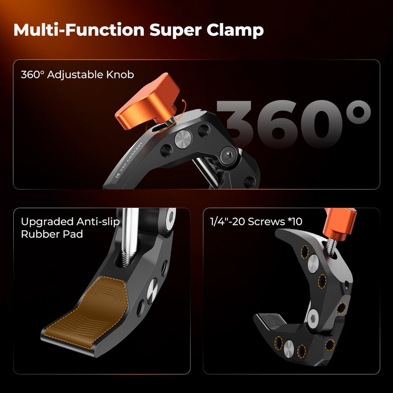 K&F CONCEPT 2 Pack Camera Mount Clamp, Super Crab Clamp with 1/4" Thread Holes for Round Pipe Flat Surface, Monitors, LED Lights, and Other Photographic Accessories
