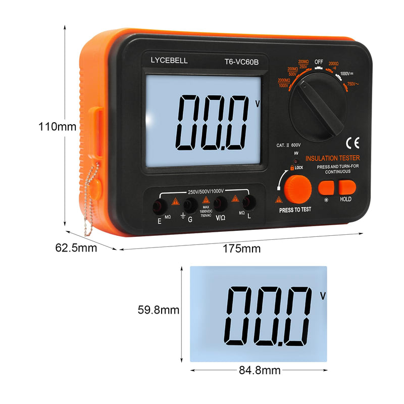 [Australia - AusPower] - LYCEBELL Digital Insulation Resistance Tester LC-VC60B Megohmmeter 0.1~200 MΩ Insulation Tester with Backlight Display, DC 250V/500V/1000V, AC 750V Test Voltage with Sound Light Alarm Function 