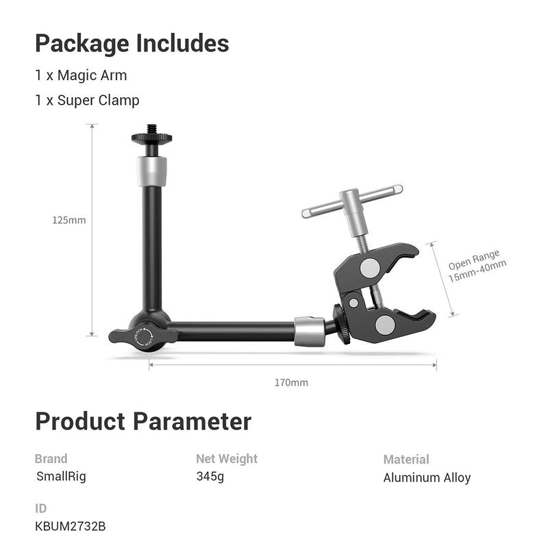 [Australia - AusPower] - SmallRig Clamp w/ 1/4" and 3/8" Thread and 9.8 Inches Adjustable Friction Power Articulating Magic Arm with 1/4" Thread Screw for LCD Monitor/LED Lights - KBUM2732B 