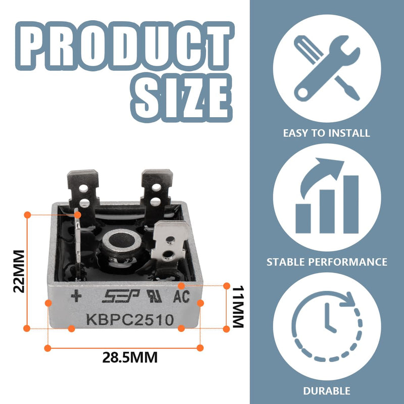 6-Pcs Bridge Rectifier Diodes KBPC2510 25A 1000V Single Phase Metal Housing 4-Pin Through Hole 25A, 1000V KBPC2510