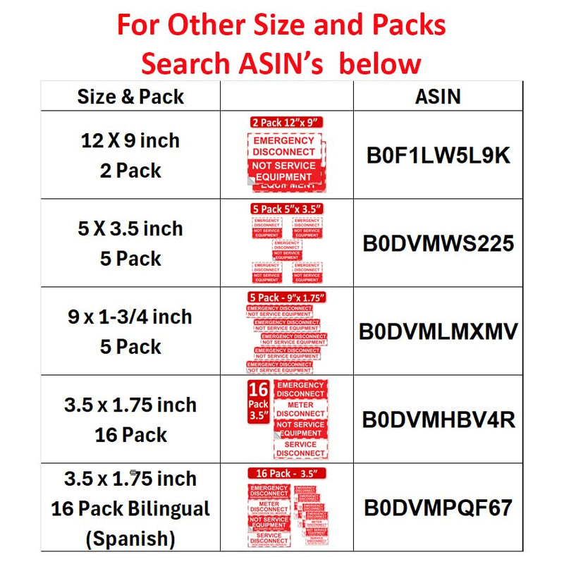 5 Pack 1-3/4"x 9" Emergency Disconnect NOT Service Equipment Labels Sign Notice Sticker Panel Heavy Duty Pressure Sensitive Vinyl Waterproof Ultra Durable Electrical 44-945 NEC Compliant Red and White 5 Pack