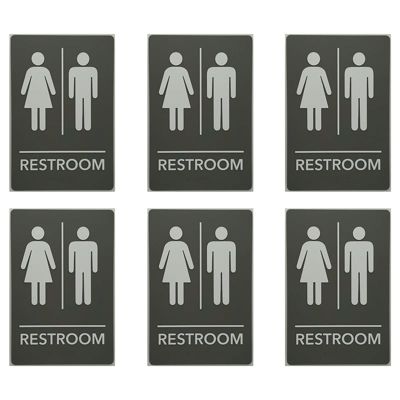 MitUSA® ADA Compliant, Unisex Bathroom Room Sign, Raised Icons, & Grade 2 Braille - Includes Adhesive Strips for Easy Installation - 6" W x 9" H Made in the U.S.A. (Light Grey, 6-Pack) Light Grey