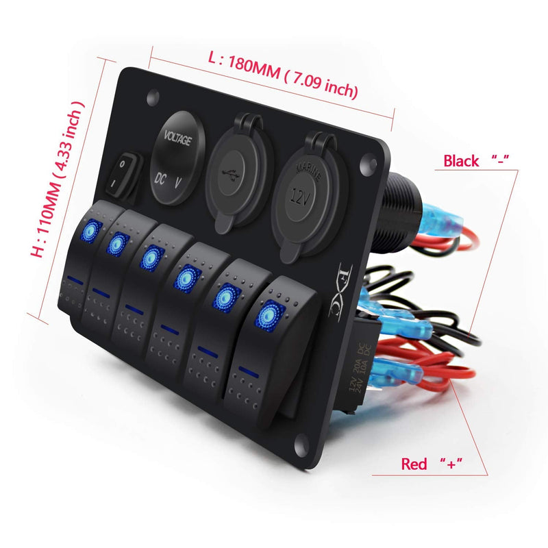 FXC Waterproof Marine Boat Rocker Switch Panel 6 Gang with 3.1A Dual USB Slot Socket + Cigarette Lighter +LED Voltmeter with Power-Save for Car Rv Vehicles Truck (6 Gang Blue LED)