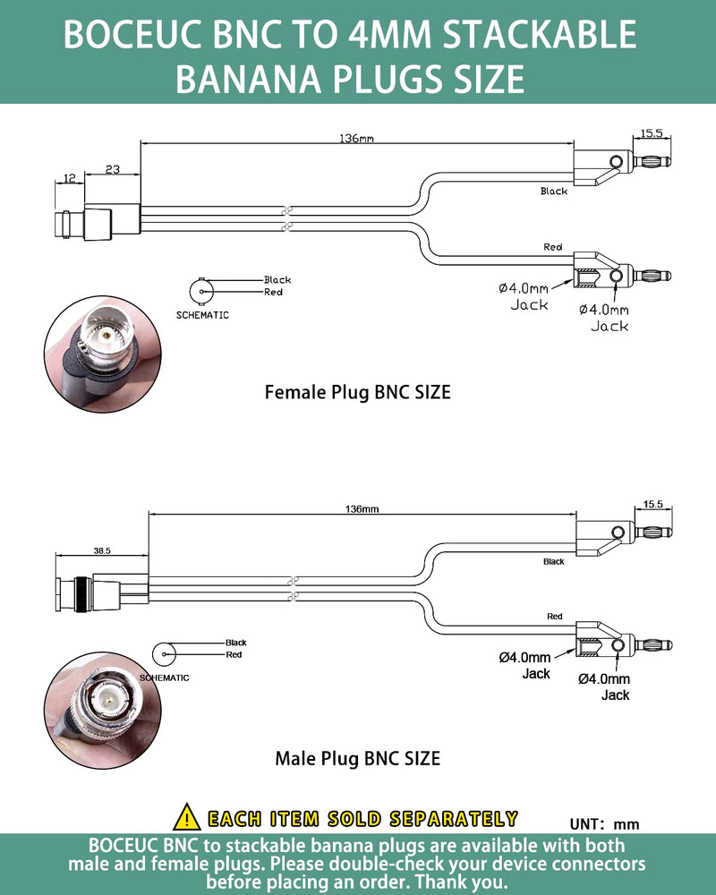 [Australia - AusPower] - BNC Test Leads, BNC (F) to Multi-Stacking Banana Plugs, Test Lead Breakout Cable for Multimeter, 5A Current Rating, 1 Pack Female Plug 