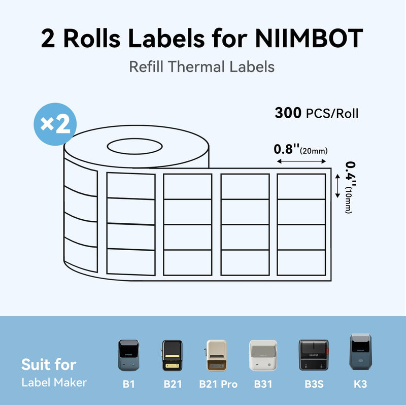 NIIMBOT Labels, 2 Rolls Refill Thermal Label for Label Maker B1/B21/B21Pro/B3S/B31/K3, Waterproof, Oil-Proof and Tear-Proof Sticker Labels, 0.4'' x 0.8''x4 (10x20mmx4) White White-0.4'' X 0.8''x4