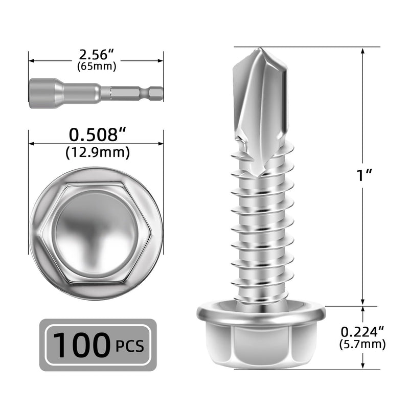 [Australia - AusPower] - #14 x 1 (100 PCS) Sheet Metal Screws, Hex Washer Head Self Drilling Screw, 410 Stainless Steel Flanged Hex Fast Self Tapping Screws, Hex Bit Socket Included #14 x 1" 