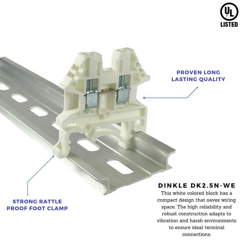 [Australia - AusPower] - Dinkle White DK2.5N-WE DIN Rail Terminal Block Screw Type UL 600V 20A 12-22AWG, Pack of 100 
