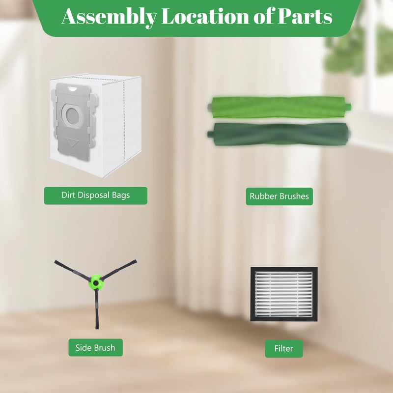 [Australia - AusPower] - Replacement Parts for iRobot Roomba i2 i3 i3+ i4 i4+ i6 i6+ i7 i7+ i8 i8+/Plus E5 E6 E7, Robot Vacuum Accessories, 2 Set Roller Brush 8 Filters 8 Side Brushes 8 Vacuum Bags E/I/J Series Replacement Parts - Green 