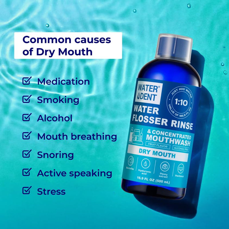 WATER DENT Water Flosser Rinse, Solution, Additive & Mouthwash for Dry Mouth – Compatible with Waterpik & All Oral Irrigators, with Hyaluronic Acid, Alcohol & Fluoride Free, Fruit Mint, 16.9 fl oz 16.9 Fl Oz (Pack of 1)