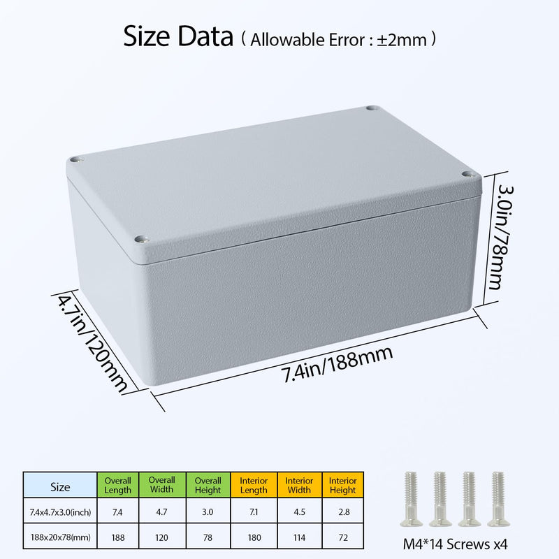 LeMotech Junction Box, Aluminum Alloy Metal Electrical Box, IP67 Waterproof Dustproof Project Box, Outdoor Universal Enclosure, Grey 7.4x4.7x3.0in (188x120x78mm) 7.4"x4.7"x3.0"