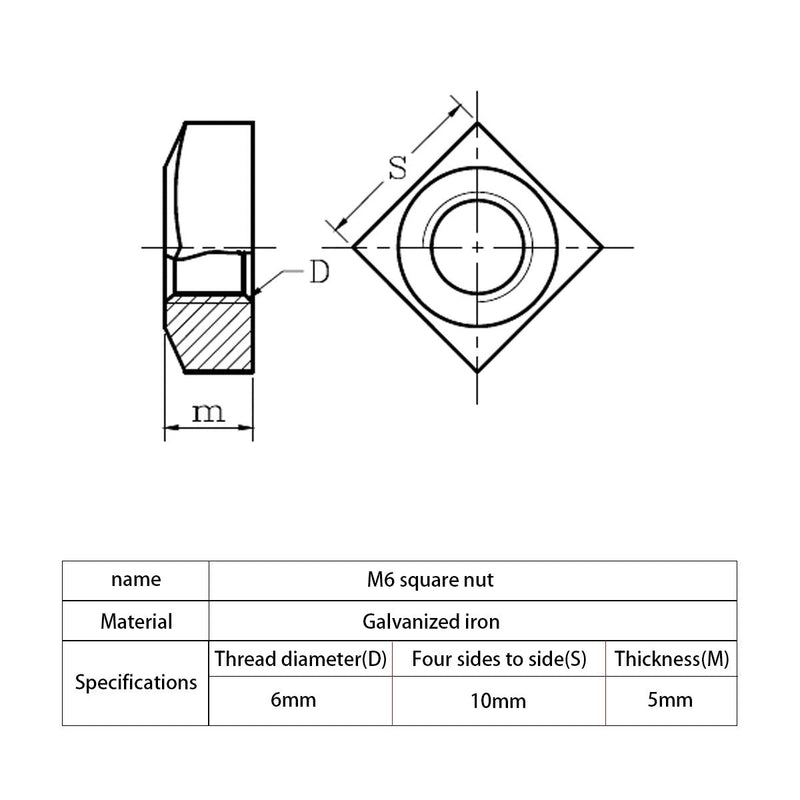 [Australia - AusPower] - 100pcs M6 Square Nut, Metric Coarse Thread Nut,Zinc Plated, Silver Tone(Size: M6×10×5). 