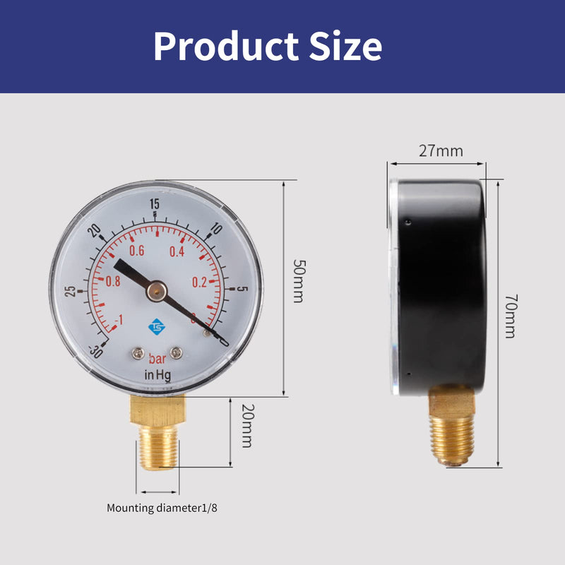 [Australia - AusPower] - Vacuum Gauge 1/8 BSPT Vacuum Pressure Gauge, Vacuum Gauge, Synchronous Tester, 50 mm Dial Gauge 1-0 Bar -30-0inHg Dual Scale Pressure Gauge, Vacuum Gauge, Vacuum Gauge for Measuring Water, Oil, Air or 