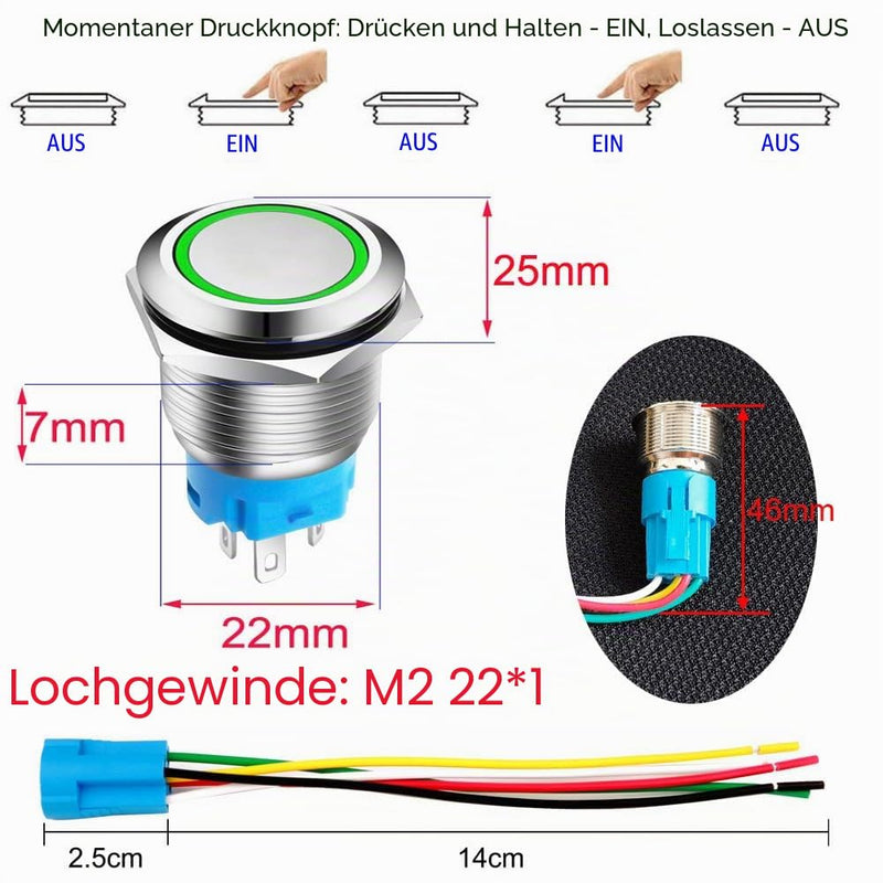 Gebildet 0.87 inch/22 mm Momentary Push Button Stainless Steel Button 230VAC 3A LED 1NO1NC SPDT On/Off Waterproof with Cable Socket Plug (Green LED) Green Light - 230V