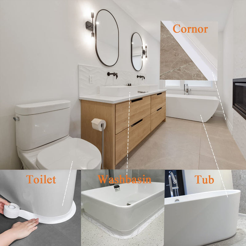 White Caulk Tape for Bath & Kitchen, 1.5''x10.5FT | PVC Self Adhesive, Waterproof Caulking Sealing Strip, For Toilet Base, Bathroom Shower Sink, Edge Protector White-10.5FT-1.5IN-A