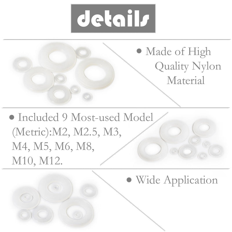 [Australia - AusPower] - 720-Pcs (9 Sizes) Round Nylon Washers White Flat Gasket Ring Sealing Washers Hardware Assortment Kit for Bolts and Screws. 