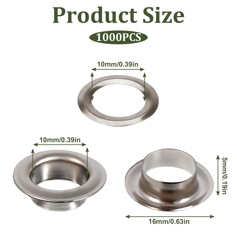 [Australia - AusPower] - 1000pcs Grommets Eyelets 3/8 Inch Metal Washers and Grommets Kit for Grommet Tool 10mm Grommets for Banners, Poster, Curtains, Clothes, Shoes, Leather, Canvas, Fabric, Belt Punching, Paper Crafts 