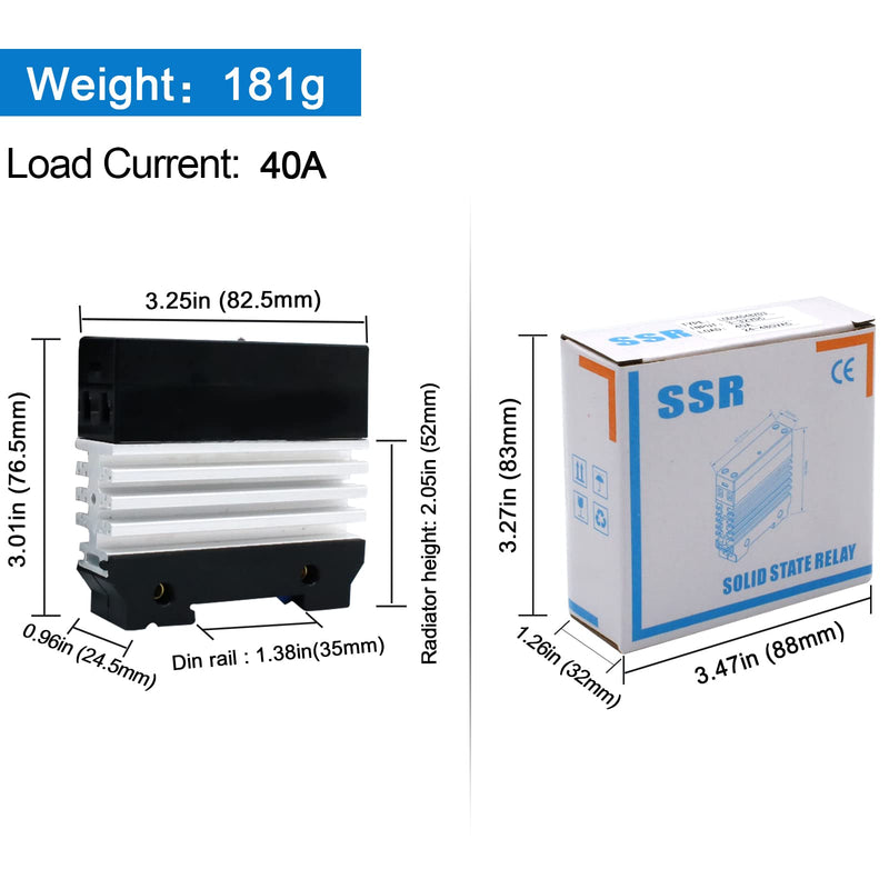 Din Rail Solid State Relay with Heat Sink - DC to AC (3-32V DC Input, 24-480V AC Output), 40A SSR