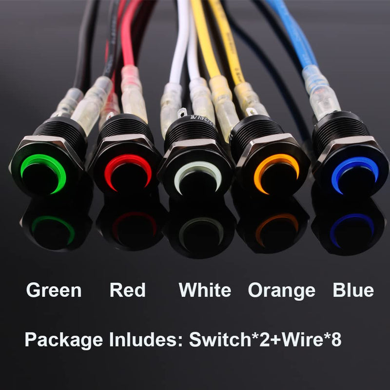 [Australia - AusPower] - 2pcs 12mm Micro Metal Latching Push Button Switch Raised Head Waterproof Anti-Vandal Self-Locking Black Shell with Wires for 1/2" Mounting Hole 12V-24V ON Off 4-Pin 1NO Halo Ring LED Light Red 