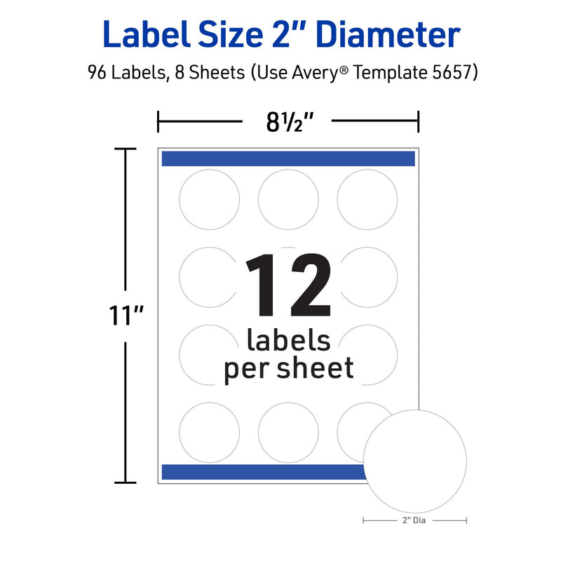 Avery Durable Waterproof Labels, Sure Feed Technology, 2" Diameter, Matte White, Laser/Pigment-Inkjet Printable, 96 Blank Labels, Great for Food Containers, Product Merchandising, and More (5657) 96 labels