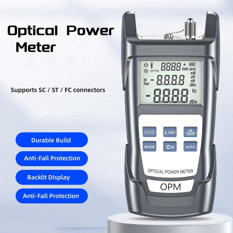 Fiber Optic Cable Tester & Power Meter - Portable Optical Light Meter with FC/SC/ST/LC Interfaces, (-70) dBm to (+10) dBm Range, 10 Wavelengths, LED Display - for Network Installation & Maintenance