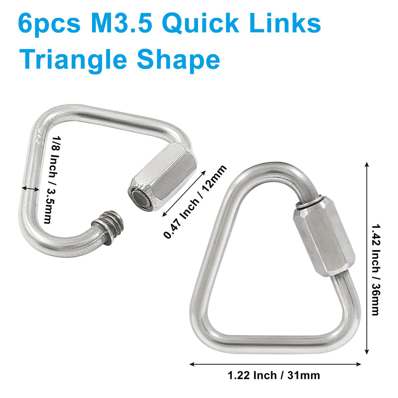 [Australia - AusPower] - 6Pcs Delta Quick Links 1/8 Inch 316 Stainless Steel Triangle Locking Quick Connector, M3.5 Quick Link Chain Heavy Duty Durable Chain Connector - 330lbs Capacity M3.5, 6Pcs 