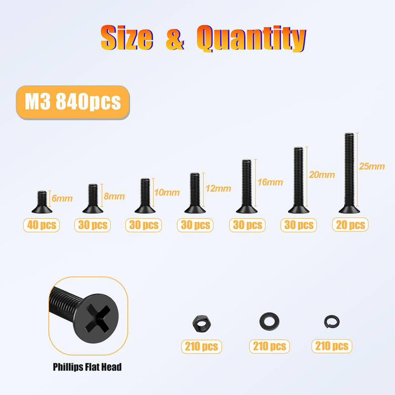 [Australia - AusPower] - KADRICK 840Pcs M3 Countersunk Screws,M3 Flat Head Screws,Phillips Bolts Nuts Washers Assortment Kit,Lenth of 6MM/8MM/10MM/12MM/16MM/20MM/25MM 