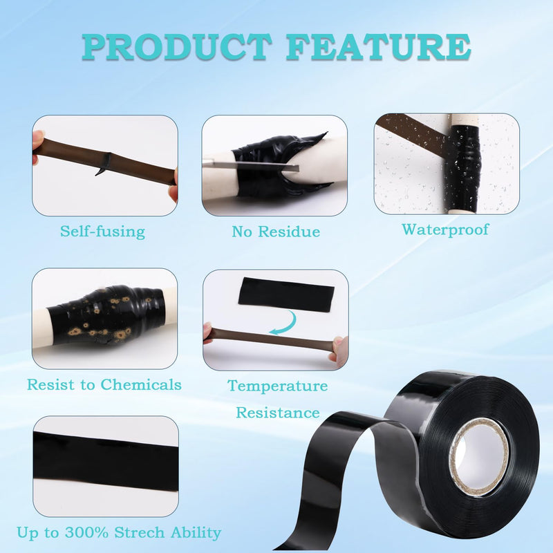 Self Fusing Silicone Tape 1 in x 16.4' Black Waterproof Rubber Leak Proof Sealing Silicone Rubber Self-amalgamating Tape for Emergency Hot and Cold Water Pipe Repairs and Tool Fixation 1 Roll - 16.4 ft - Black - 20 mil Thickness