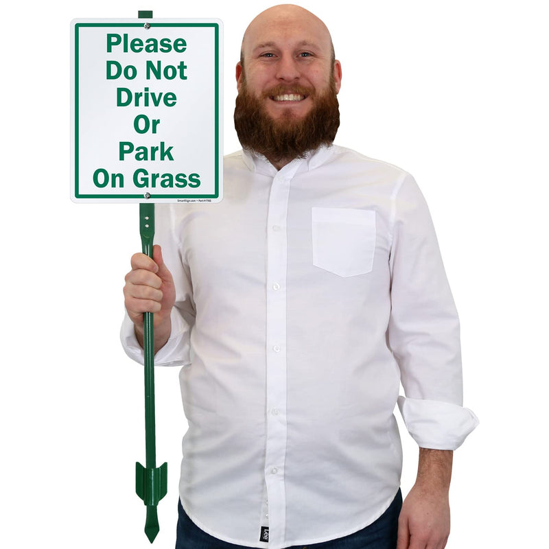 SmartSign 12 x 10 inch “Please Do Not Drive Or Park On Grass” LawnBoss Yard Sign with 3 foot Stake, 40 mil Laminated Rustproof Aluminum, Green and White, Set of 1 10" x 12" Aluminum Sign with 3 Ft Stake