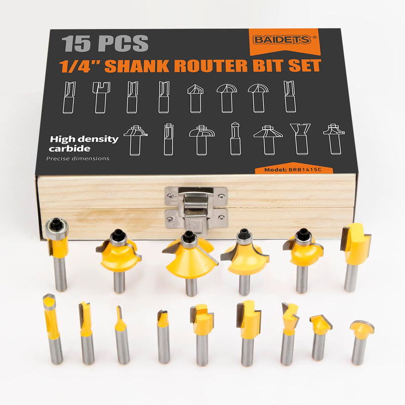 Router Bits Set 1/4 Inch Shank - BAIDETS 15 Pieces 1/4" Tungsten Carbide Router Bits, Woodwork Tools 15 Pcs, 1/4" Shank