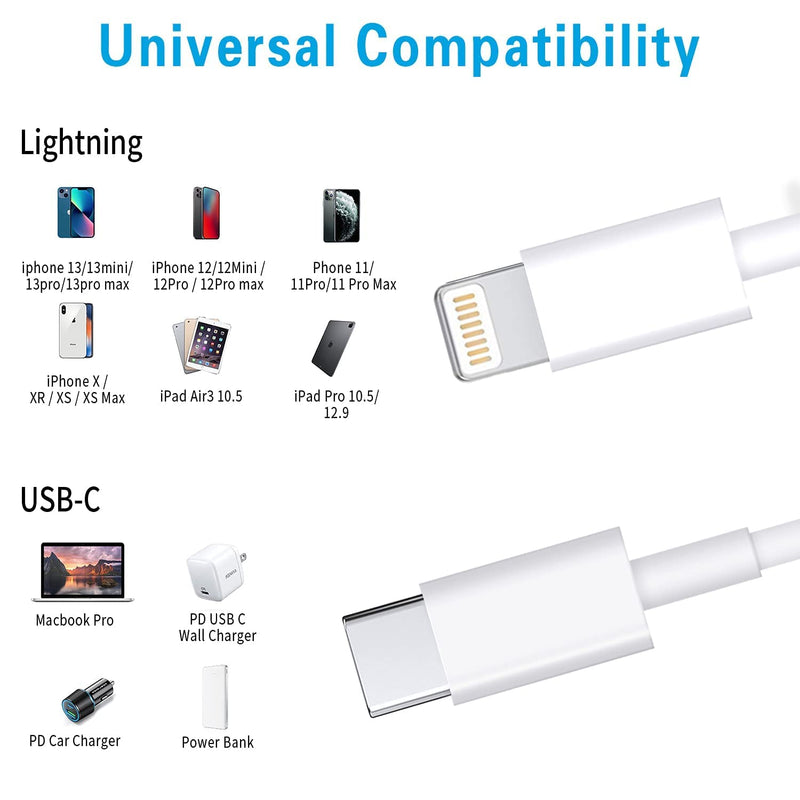 [Australia - AusPower] - USB C to Lightning Cable 3Pack 6FT [MFi Certified] iPhone Fast Charger Cable USB-C Power Delivery Charging Cord for iPhone 14/13/12/11/XS/XR/X/8/iPad, White 