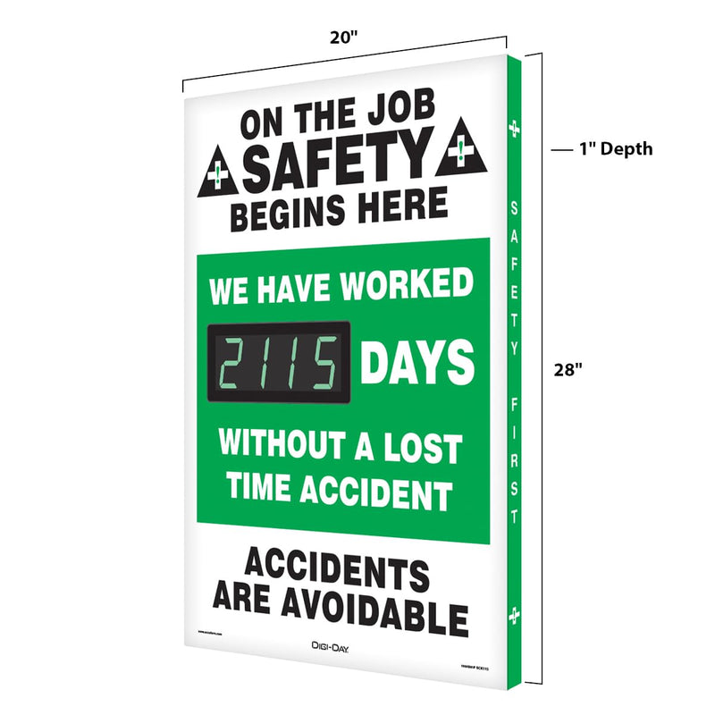 Accuform SCK115 Aluminum Digi-Day Electronic Scoreboard, "ON THE JOB SAFETY BEGINS HERE - WE HAVE WORKED #### DAYS WITHOUT A LOST TIME ACCIDENT - ACCIDENTS ARE AVOIDABLE"