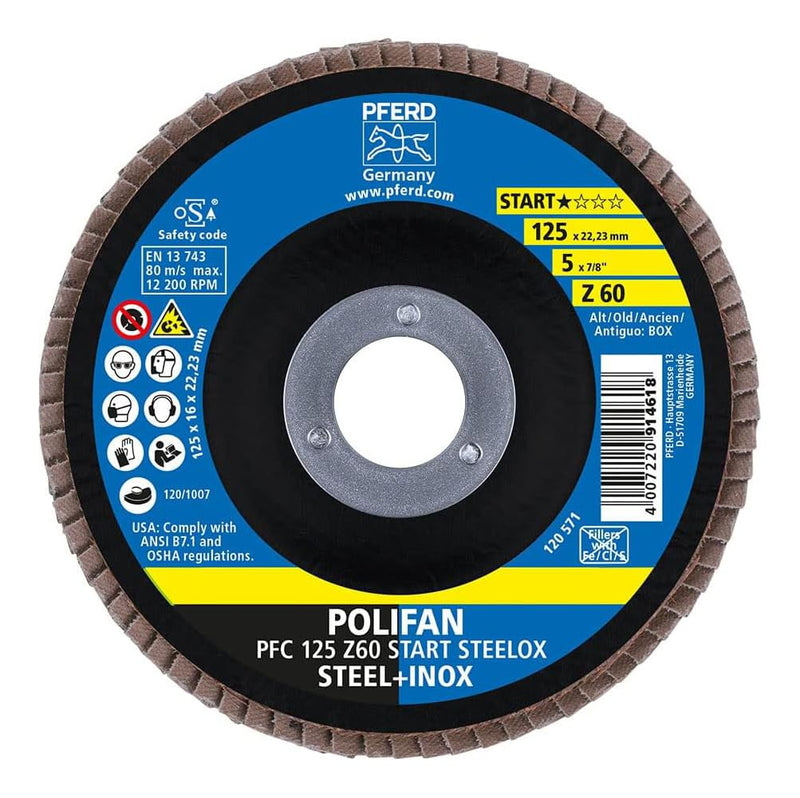 Pferde Tools Polifan Z-Box - 10 x Serrated Washers 125 mm, Z60, 22.23 mm Bore, 69300935 - for High Cutting Performance and Solid Service Life on Steel and Stainless Steel (INOX), Blue Zirconia corundum 60