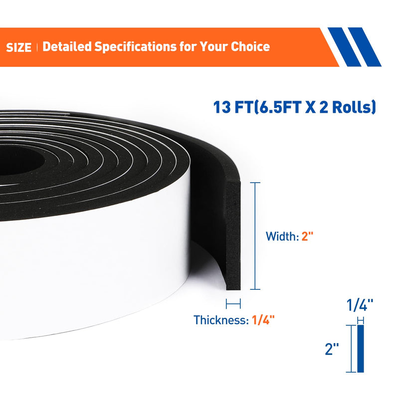 MAGZO Weather Stripping Door Seal, 2 Inch Wide X 1/4 Inch Thick Adhesive Foam Tape Soundproof Weatherstripping for Windows, 2 Rolls Total 13FT Black 2in * 1/4in * 13FT